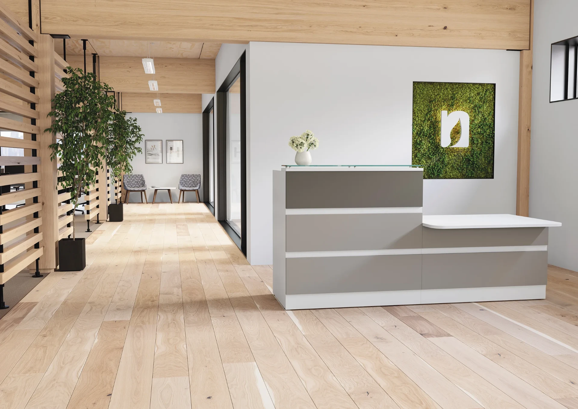 A bright reception space with a white desk, moss wall and timber finishes