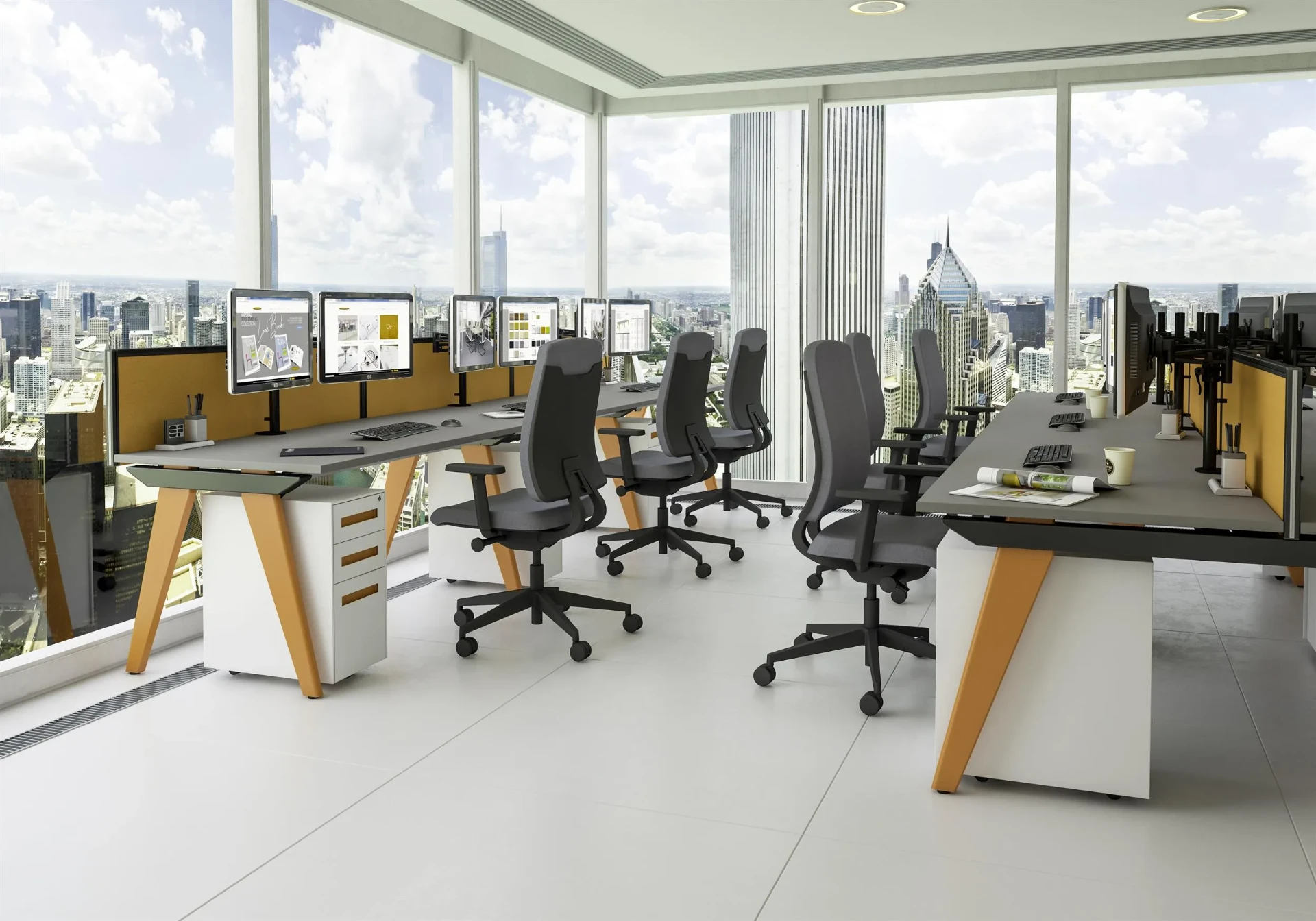 High-rise open-plan workstations with city views and orange accent screens