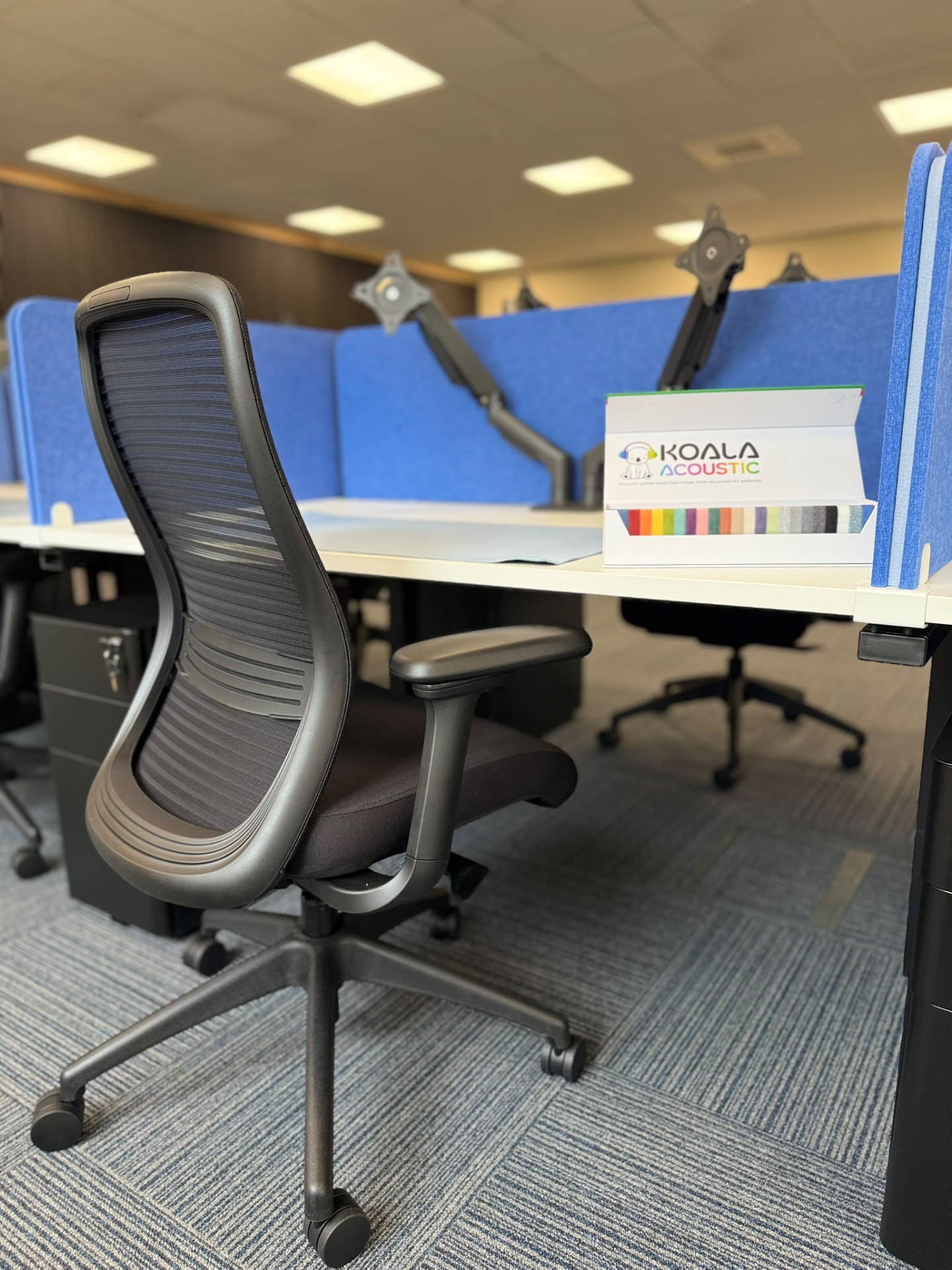 Mesh-back task chair at a new workstation with acoustic screen sample palette