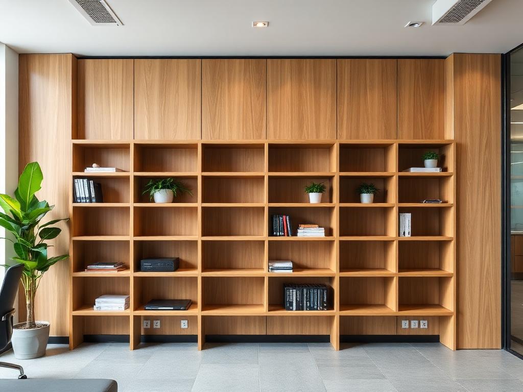 Office storage wall with oak shelving